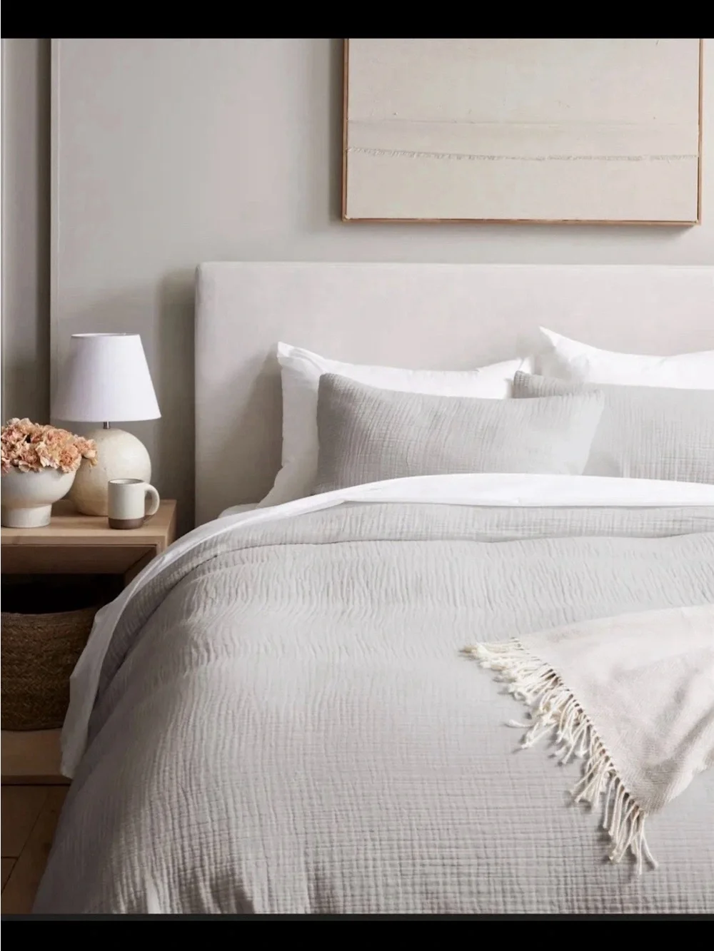Quince 100% Org Cotton Airy Gauze Queen/Full Duvet Cover/Dustbag LtGray NWT
